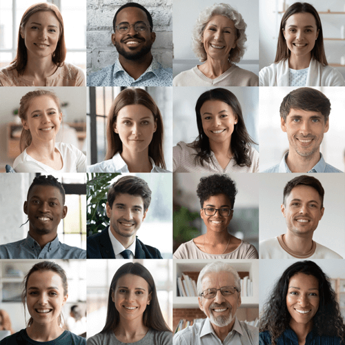 a diverse collection of faces smiling at the camera